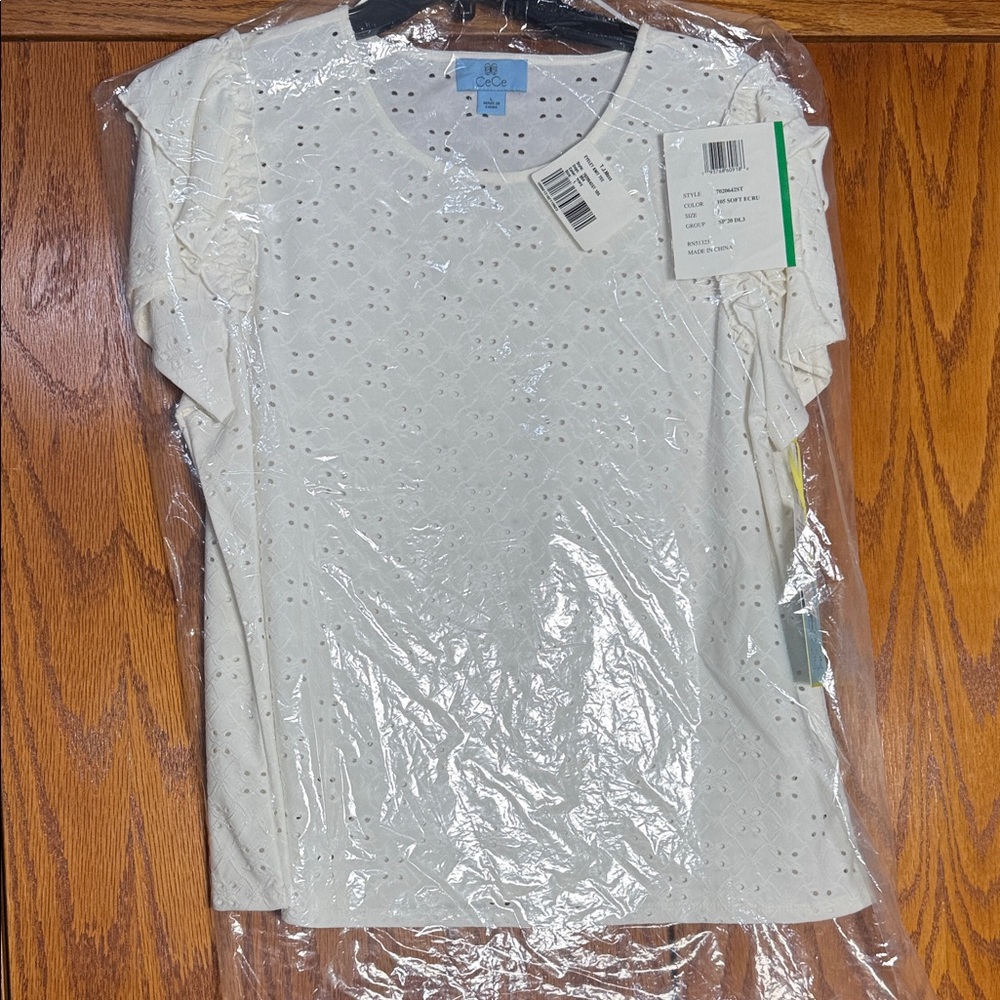 CeCe White Eyelet Short Sleeve Tee with Ruffle Sleeves